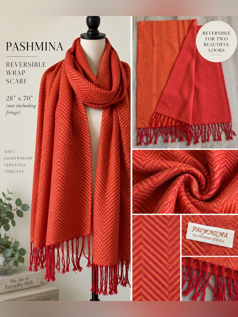 Pashmina Reversible Red Orange Herringbone Wrap Scarf 28x70